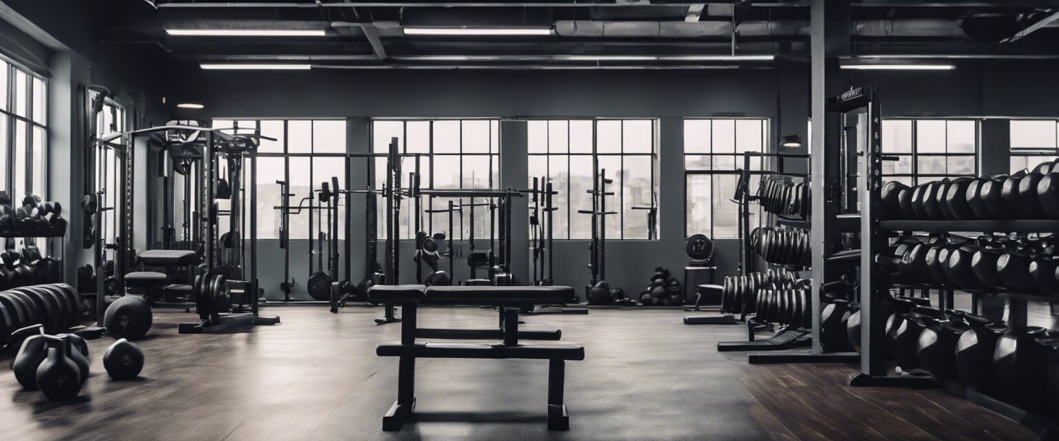 Strength training equipment in a gym